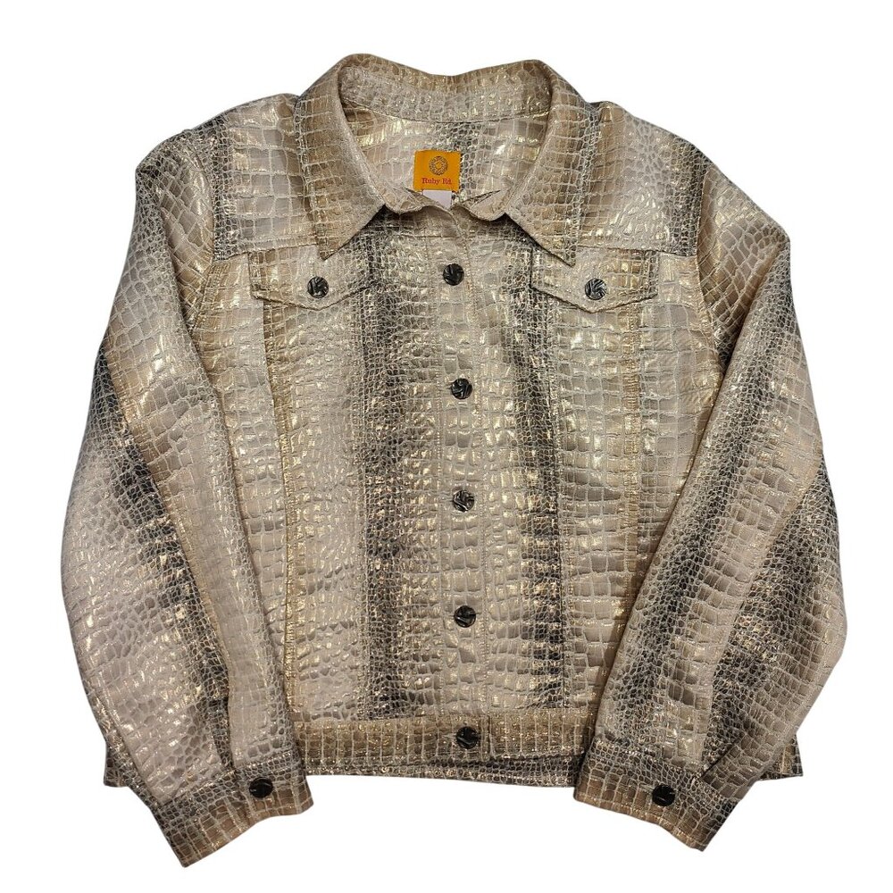 Ruby Rd. Womens Metallic Croc-Embossed Jacket Size 16 Button-Front Long Sleeve